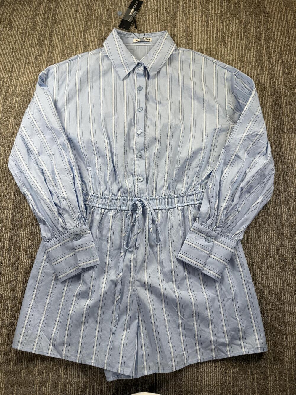 Fashion Nova Romper Womens Medium Blue Striped Workflow Long Sleeve Button Up